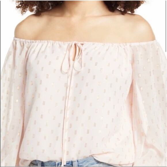 Nordstrom WAYF Pink Off-the-shoulder pink gold bow puff sleeve chiffon top Large - Picture 2 of 15